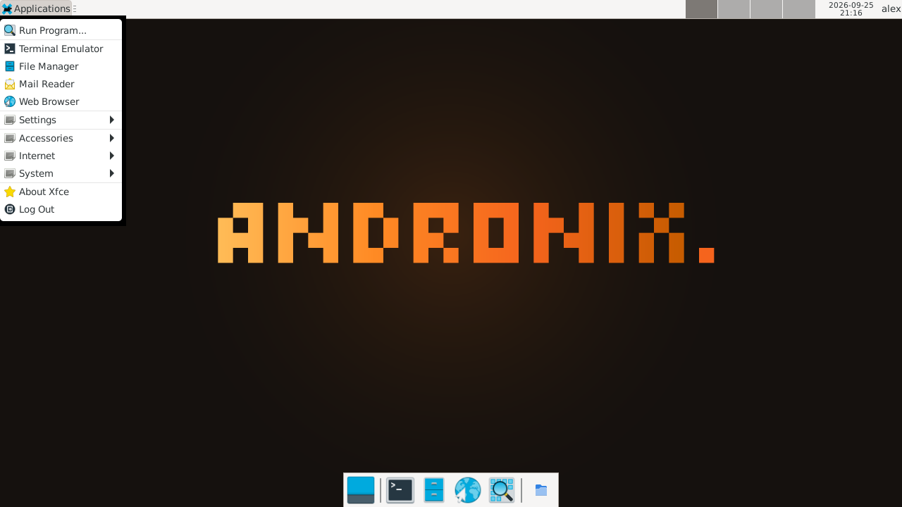 XFCE on Debian 13, with the app menu open