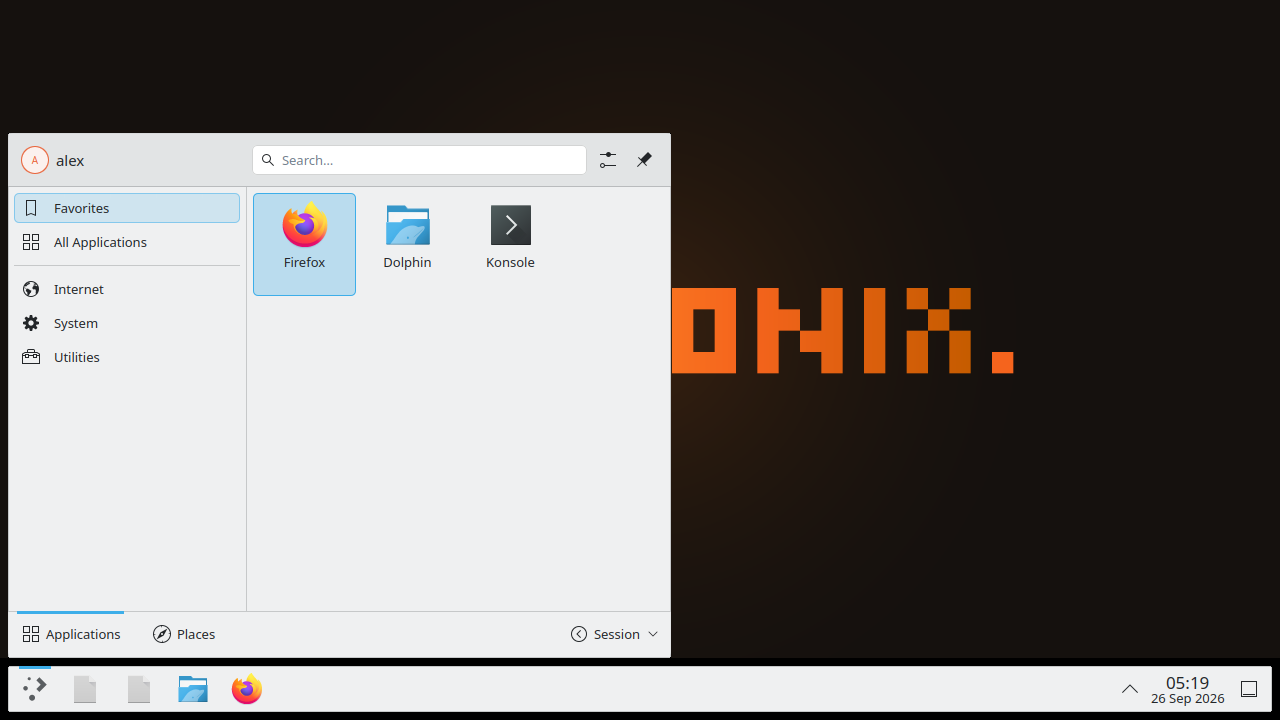 KDE Plasma on Ubuntu 26.04, with the app menu open