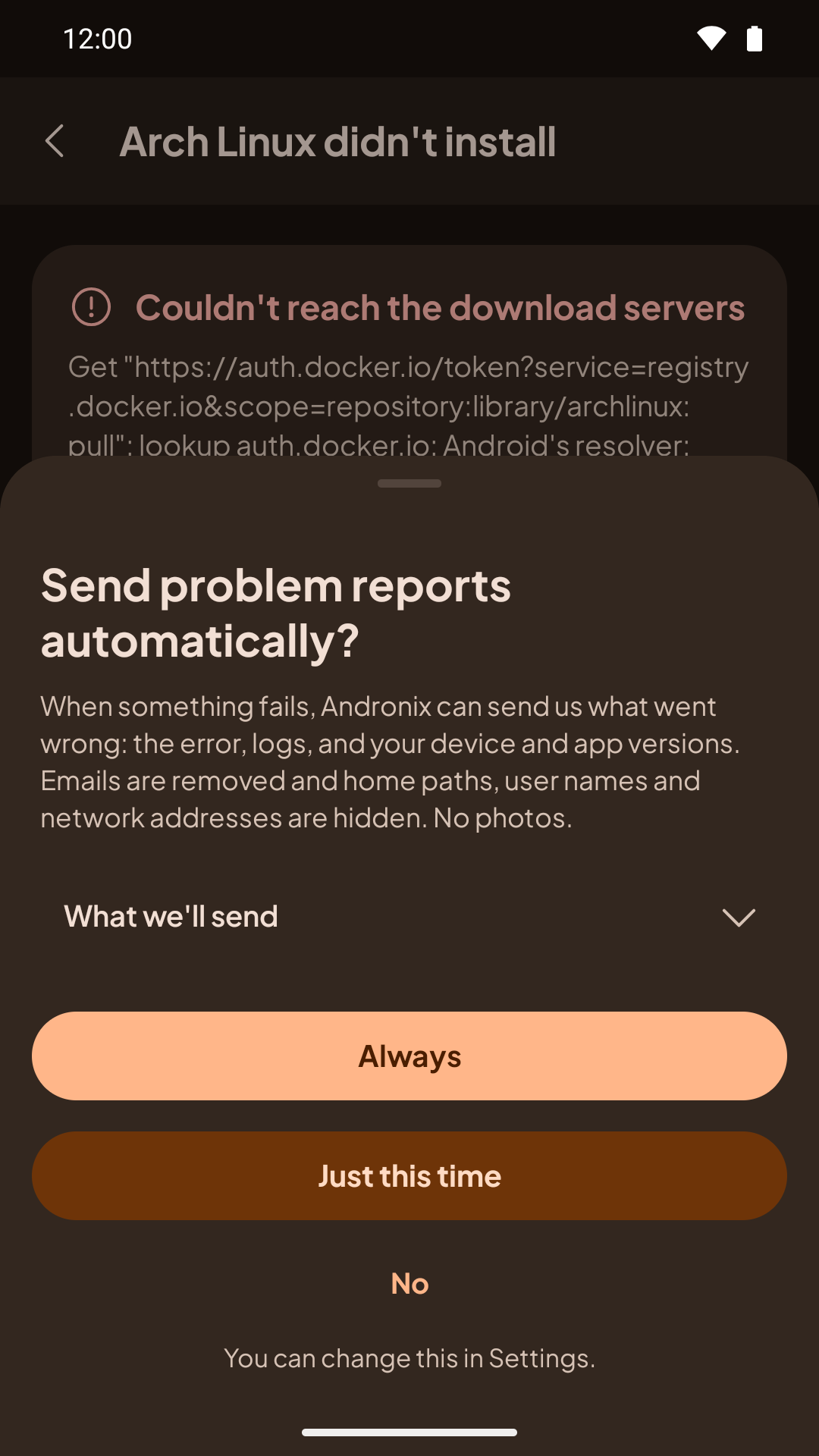 Send problem reports automatically? The explanation, What we'll send, Linked to your account, and Always, Just this time and No