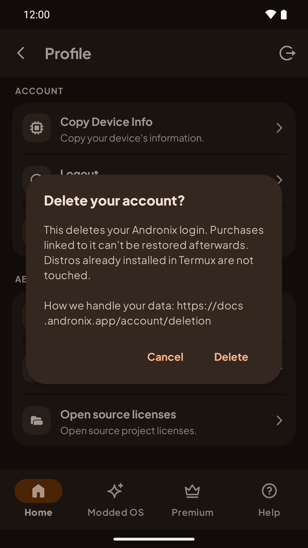 Deleting your account from the Andronix app