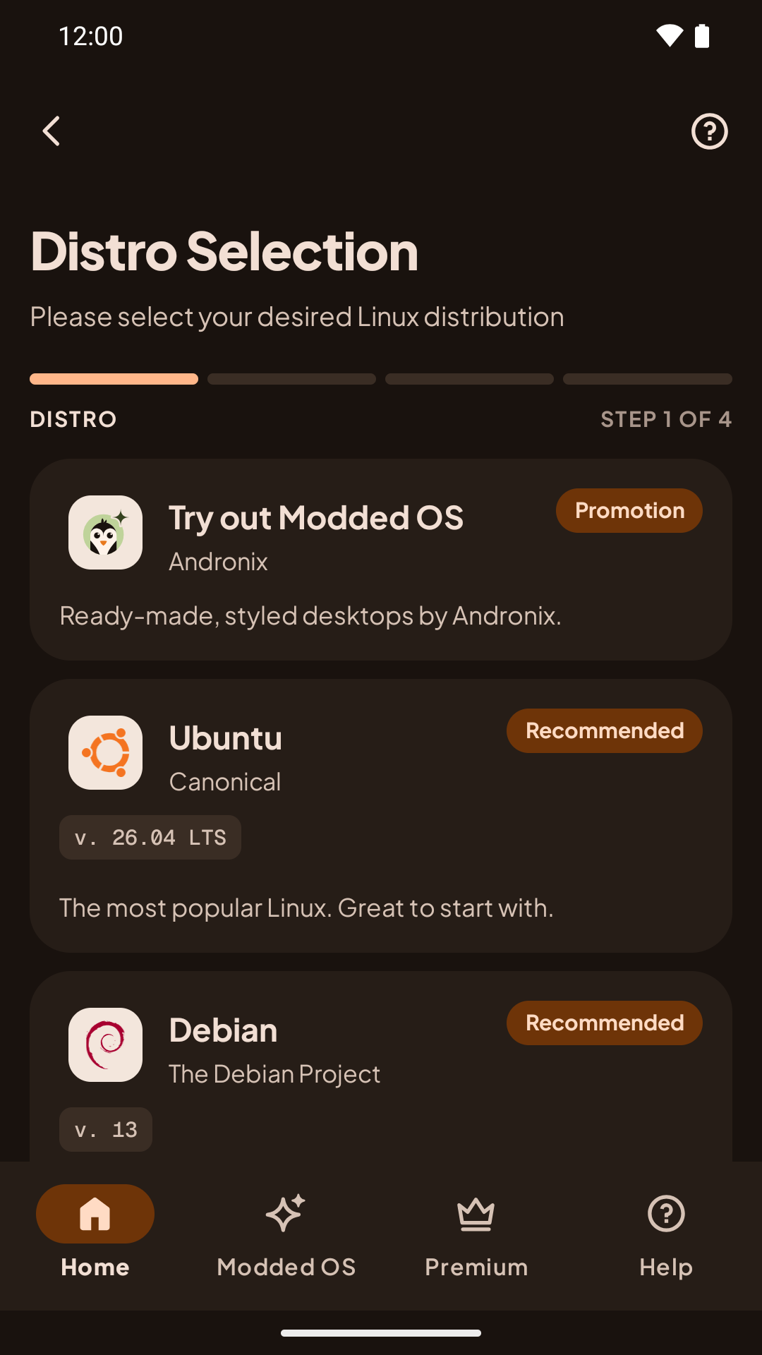 The list of free Linux distros in the Andronix app