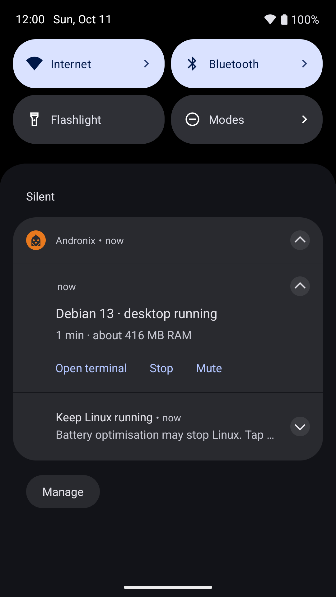 The notification: Debian · desktop running, the uptime and RAM, with Open terminal, Stop and Mute