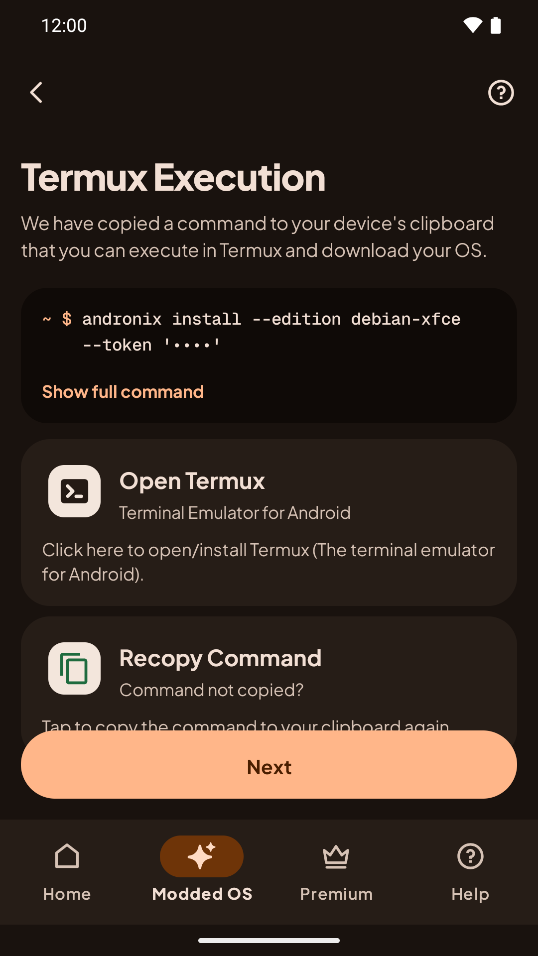 The Termux step for a Modded edition, with the token hidden