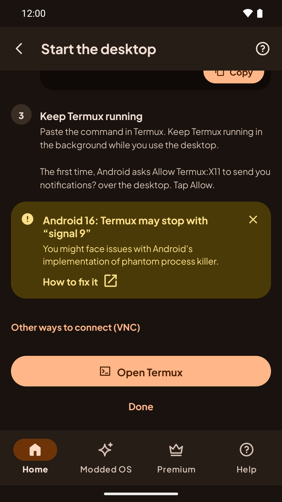 The app's Android 16 signal 9 tip, with a How to fix it link