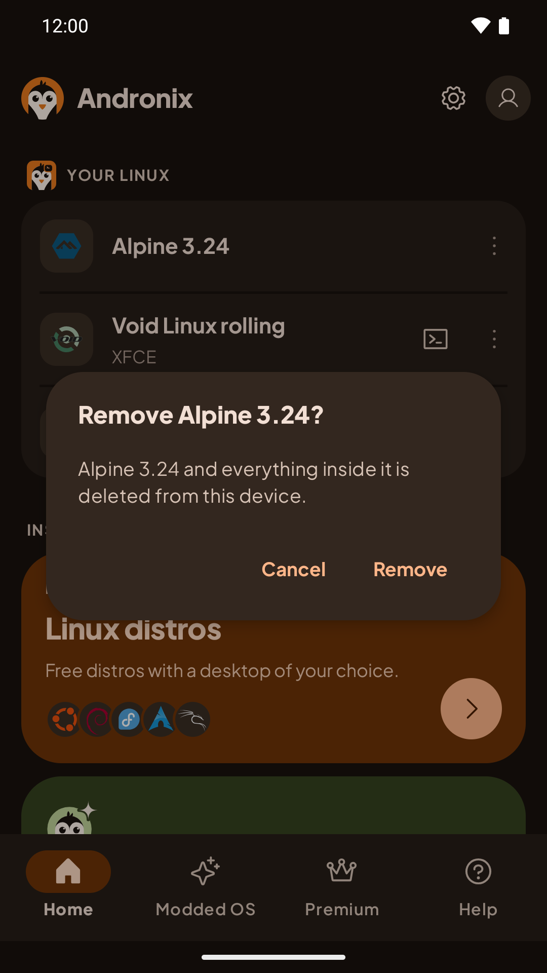 Remove Debian? Debian and everything inside it is deleted from this device. Cancel and Remove
