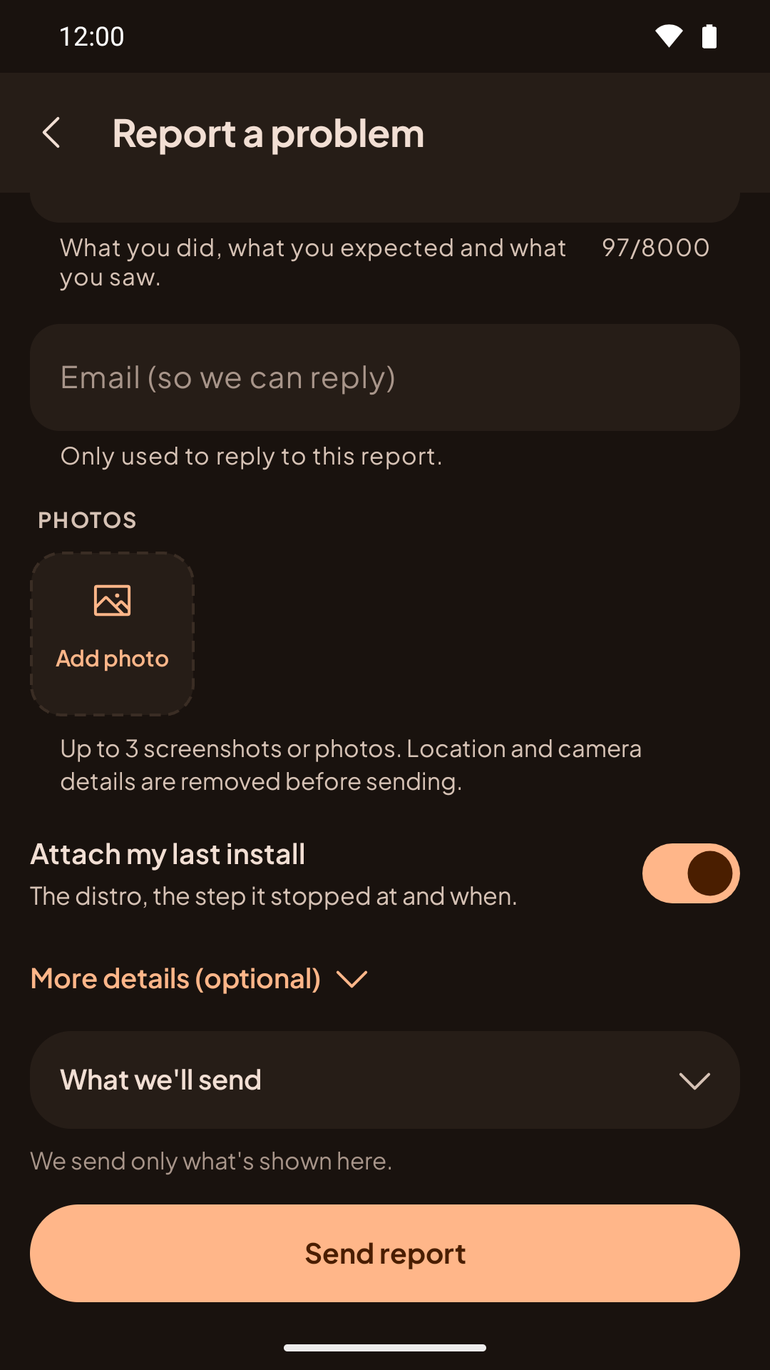 Report a problem with Attach my last install switched on, showing the distro and the step it stopped at