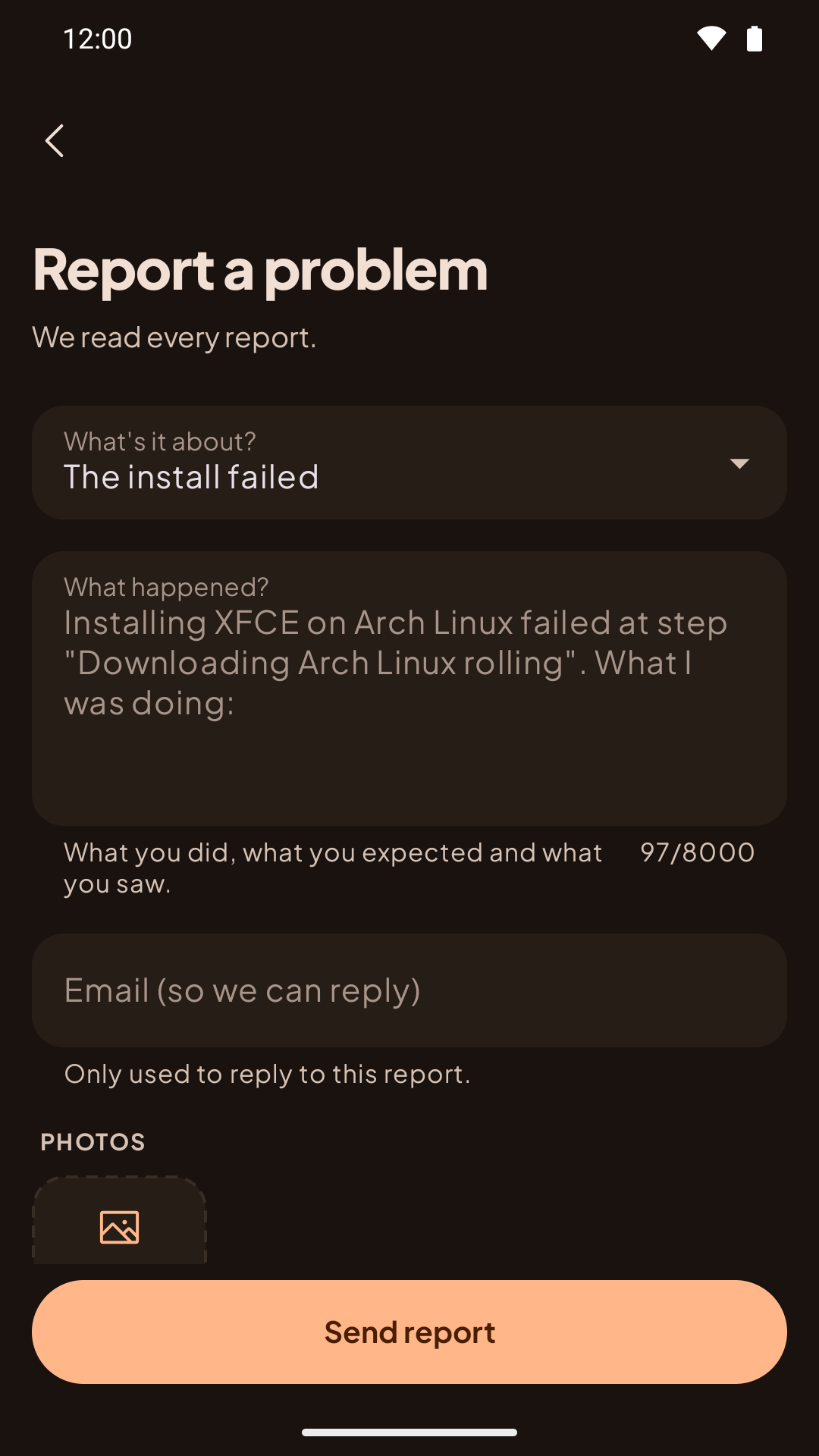 Report a problem: the category, the description, photos, email or Linked to your account, and Send report