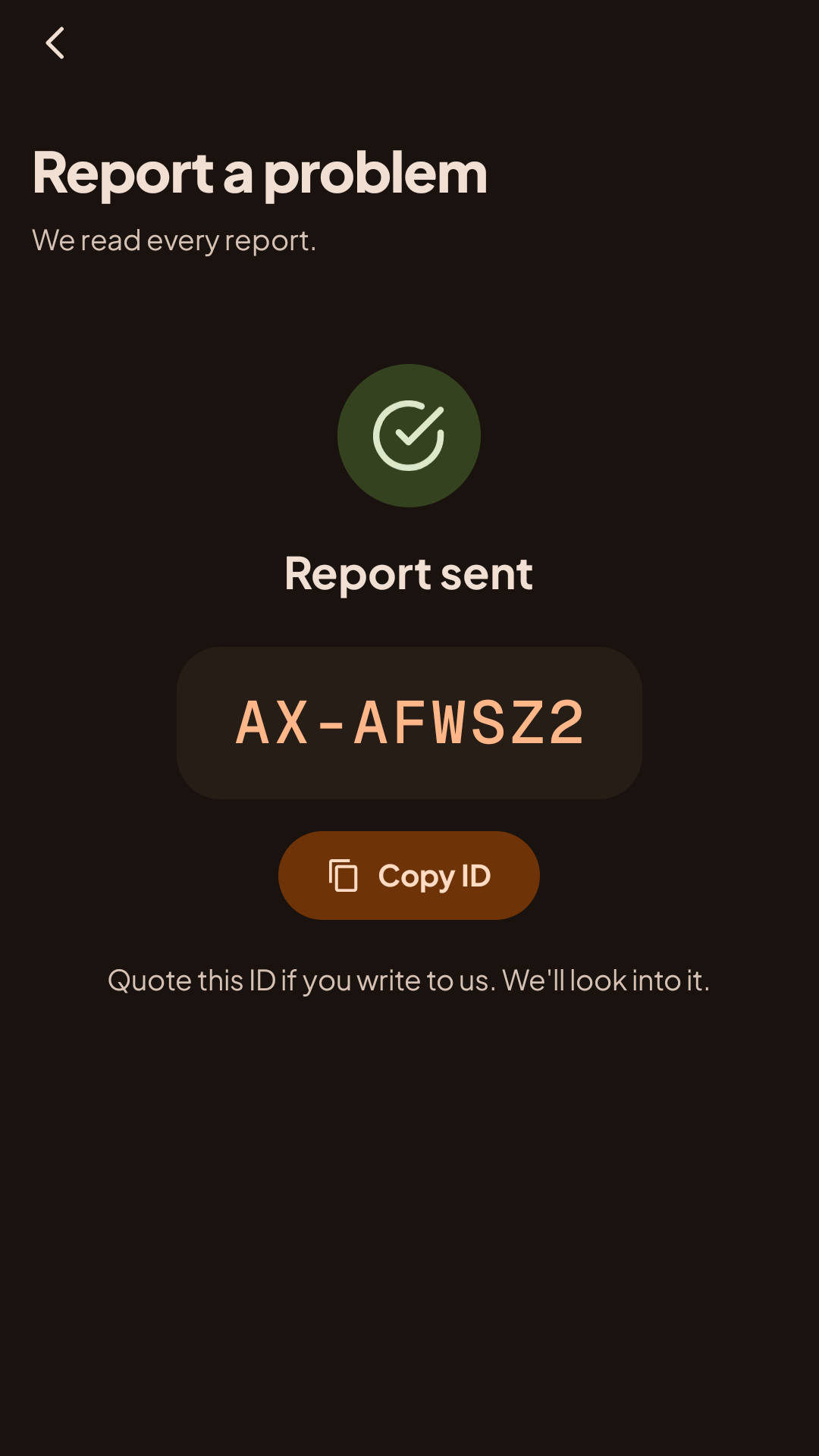 Report sent, with the report ID AX-AFWSZ2 and a Copy ID button
