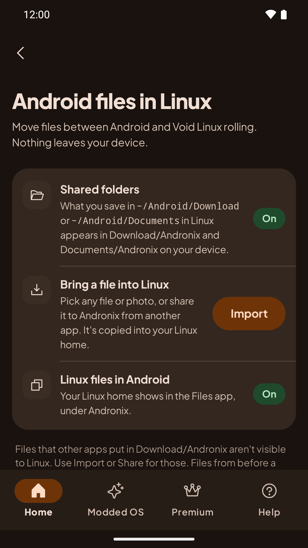 Android files in Linux: Shared folders (On), Bring a file into Linux with Import, and Linux files in Android (On)
