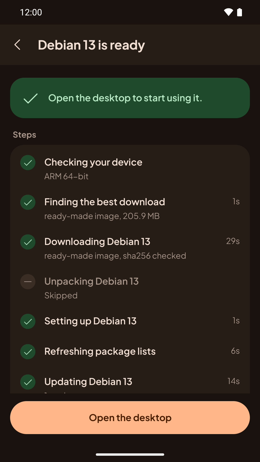 Debian is ready, with Open the desktop