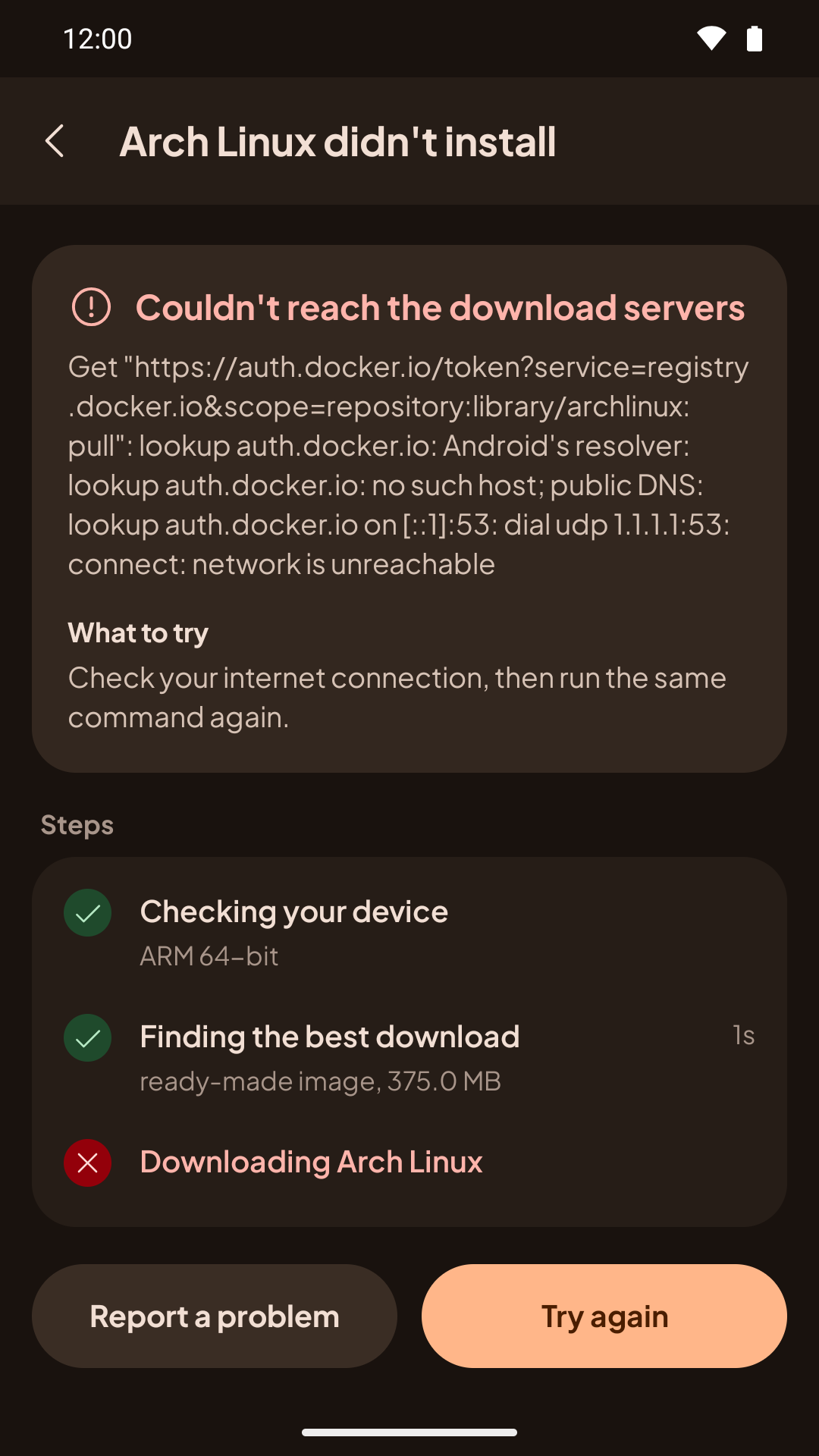 Debian didn't install: the reason, What to try, and the Report a problem and Try again buttons