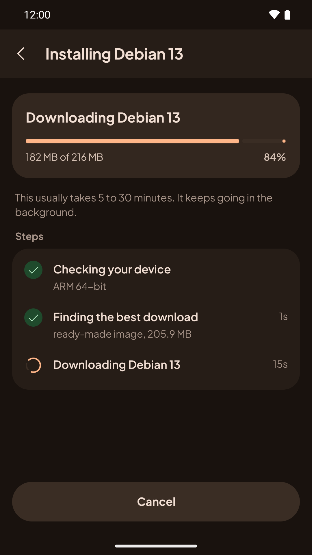 Installing Debian: downloading, with the bytes done and the Steps list
