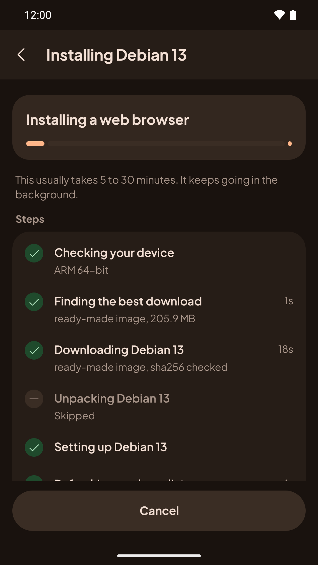 Installing Debian: a later step, with the Steps list showing Done steps and their times