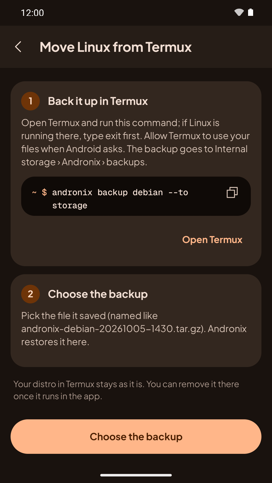 Move Linux from Termux: 1, Back it up in Termux, with the andronix backup command and Open Termux; 2, Choose the backup