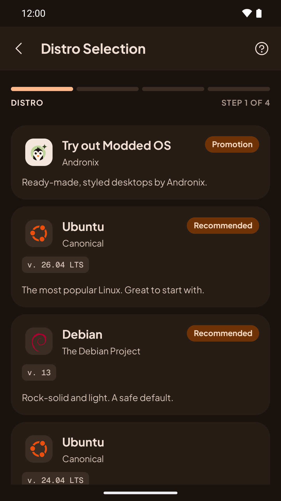Distro Selection, step 1 of 4: Try out Modded OS, Ubuntu 26.04 LTS and Debian 13 (Recommended), Ubuntu 24.04 LTS