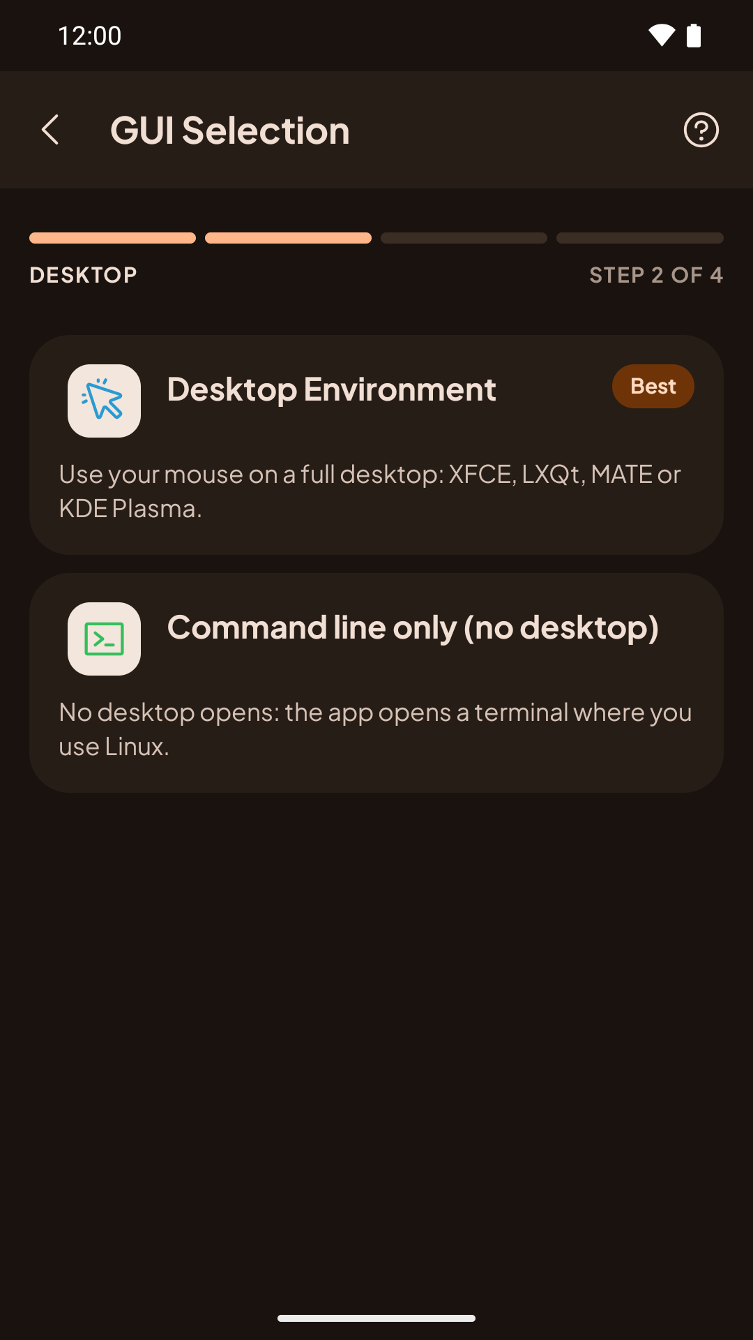 GUI Selection: Desktop Environment (Best) or Command line only (no desktop)