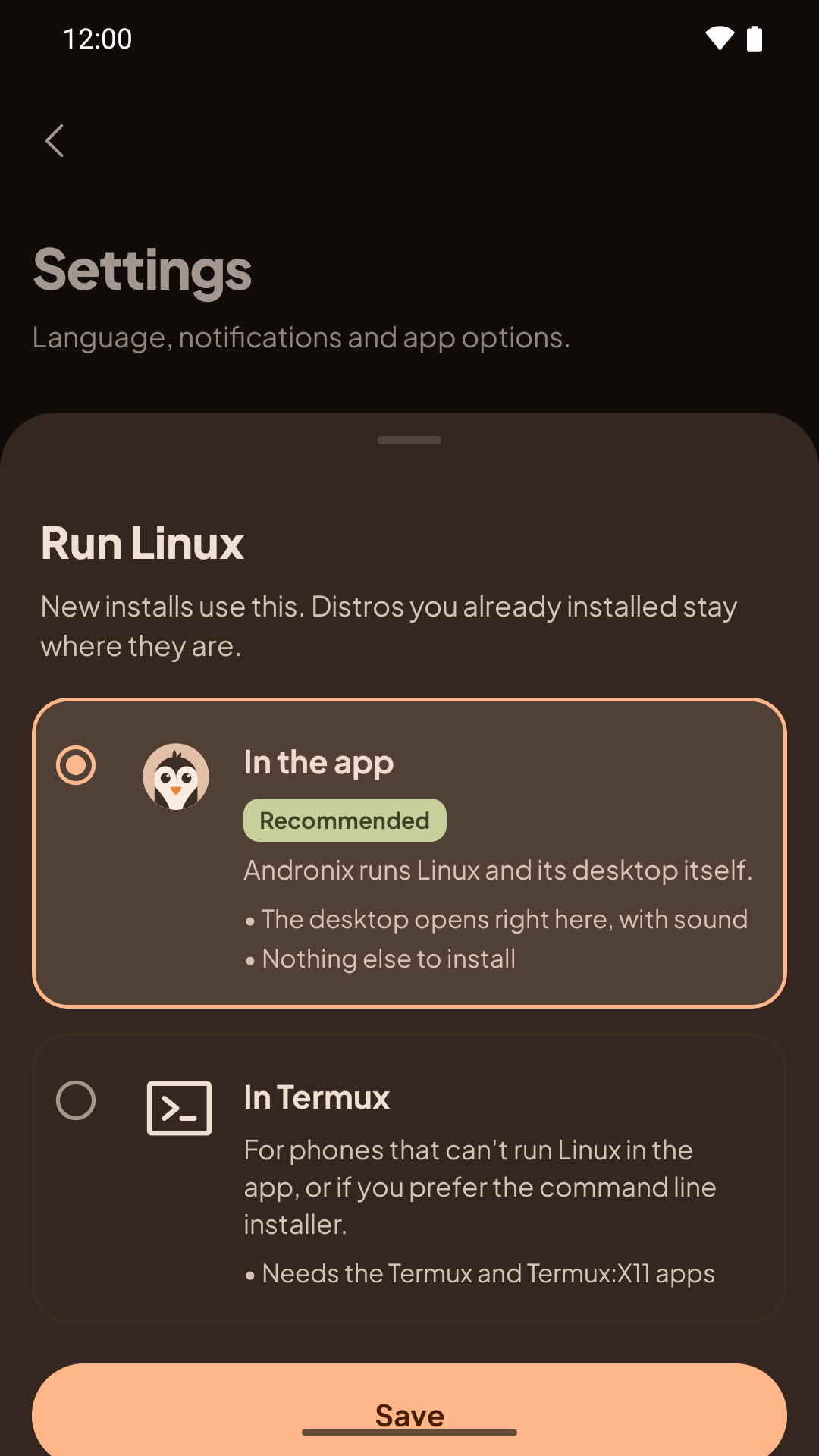 The Run Linux sheet: New installs use this, In the app and In Termux cards, and Save