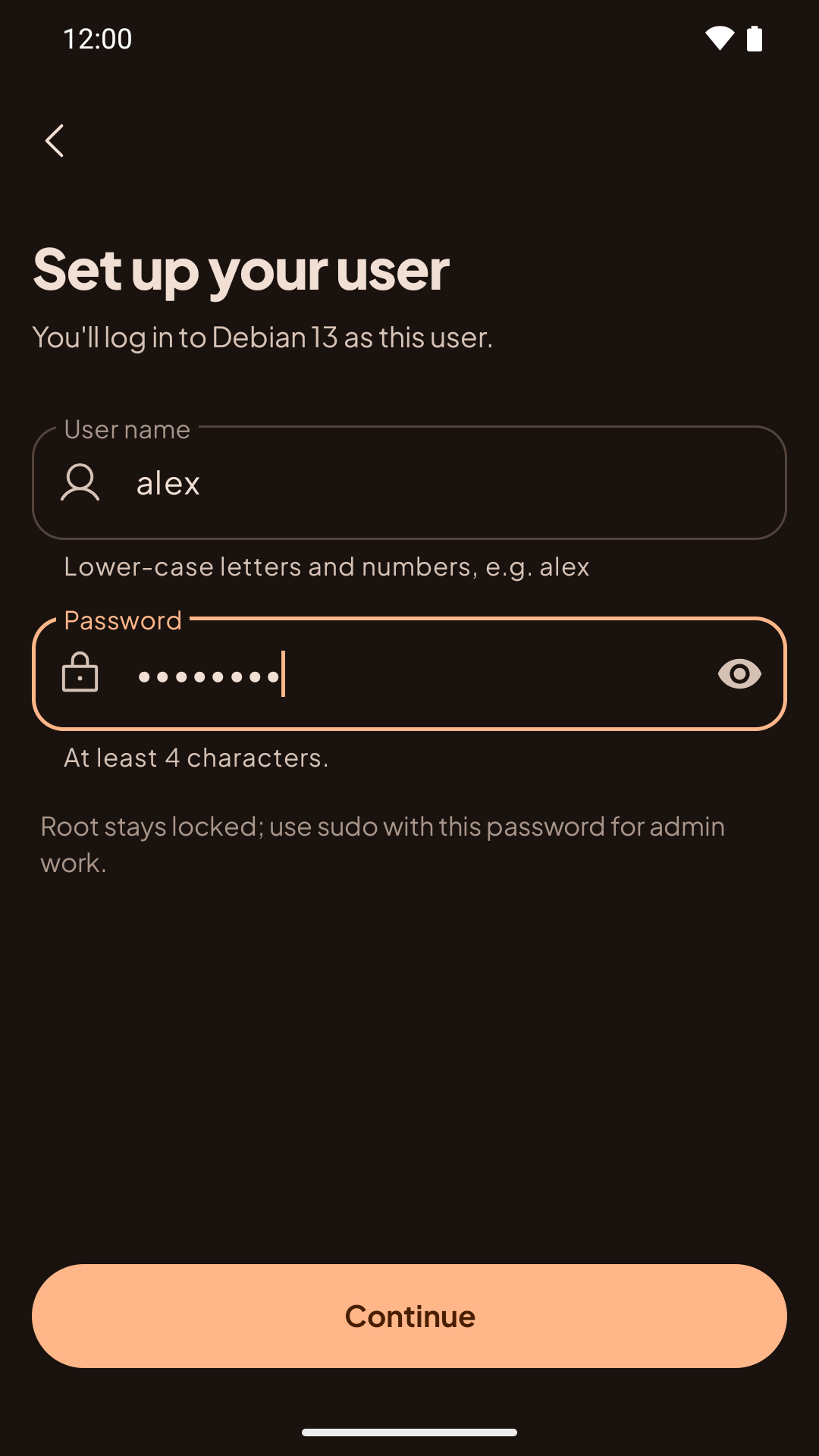 Set up your user: User name and Password, with the note about sudo, and Continue