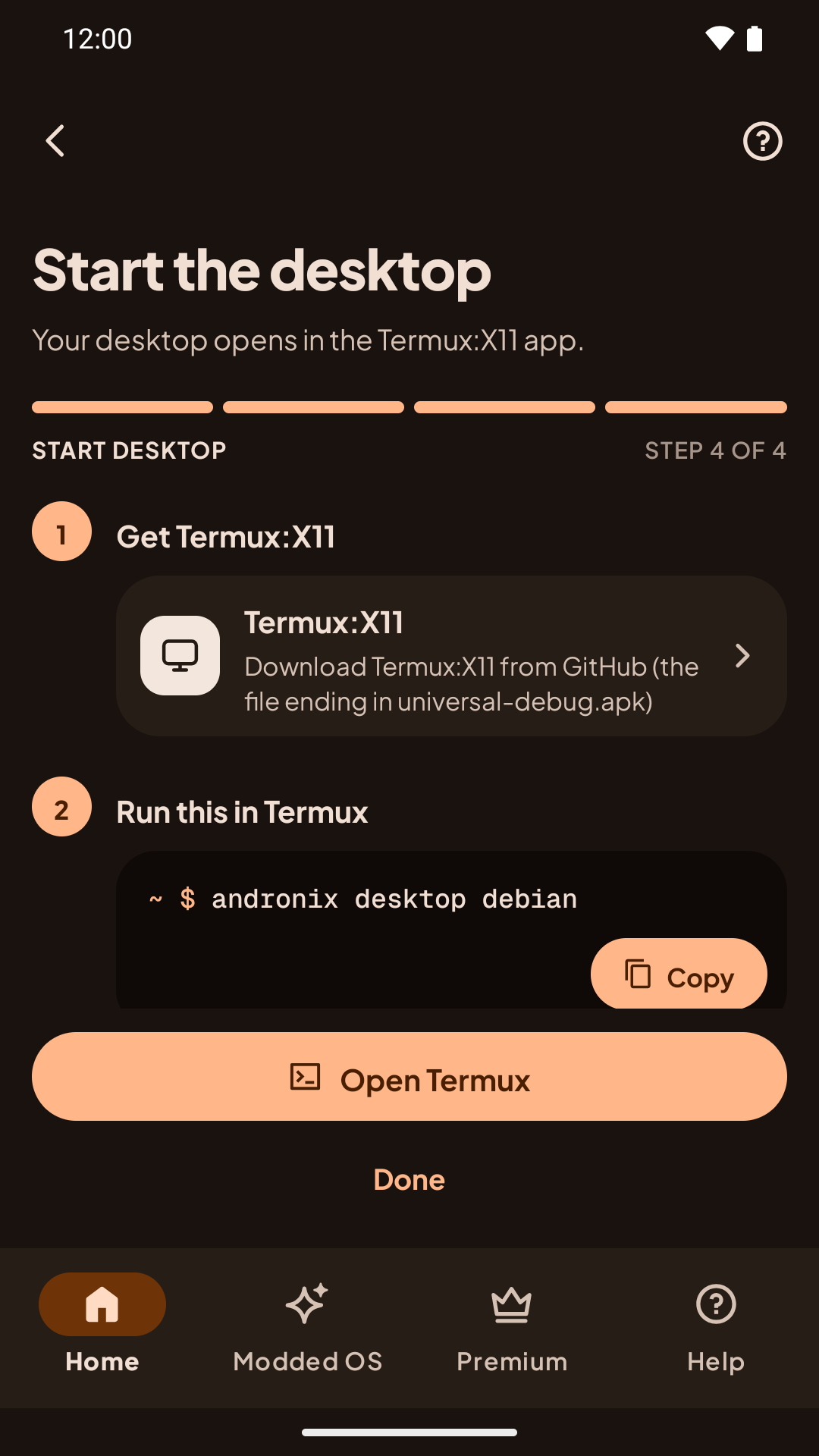 The Start the desktop step asking you to get Termux:X11 from GitHub