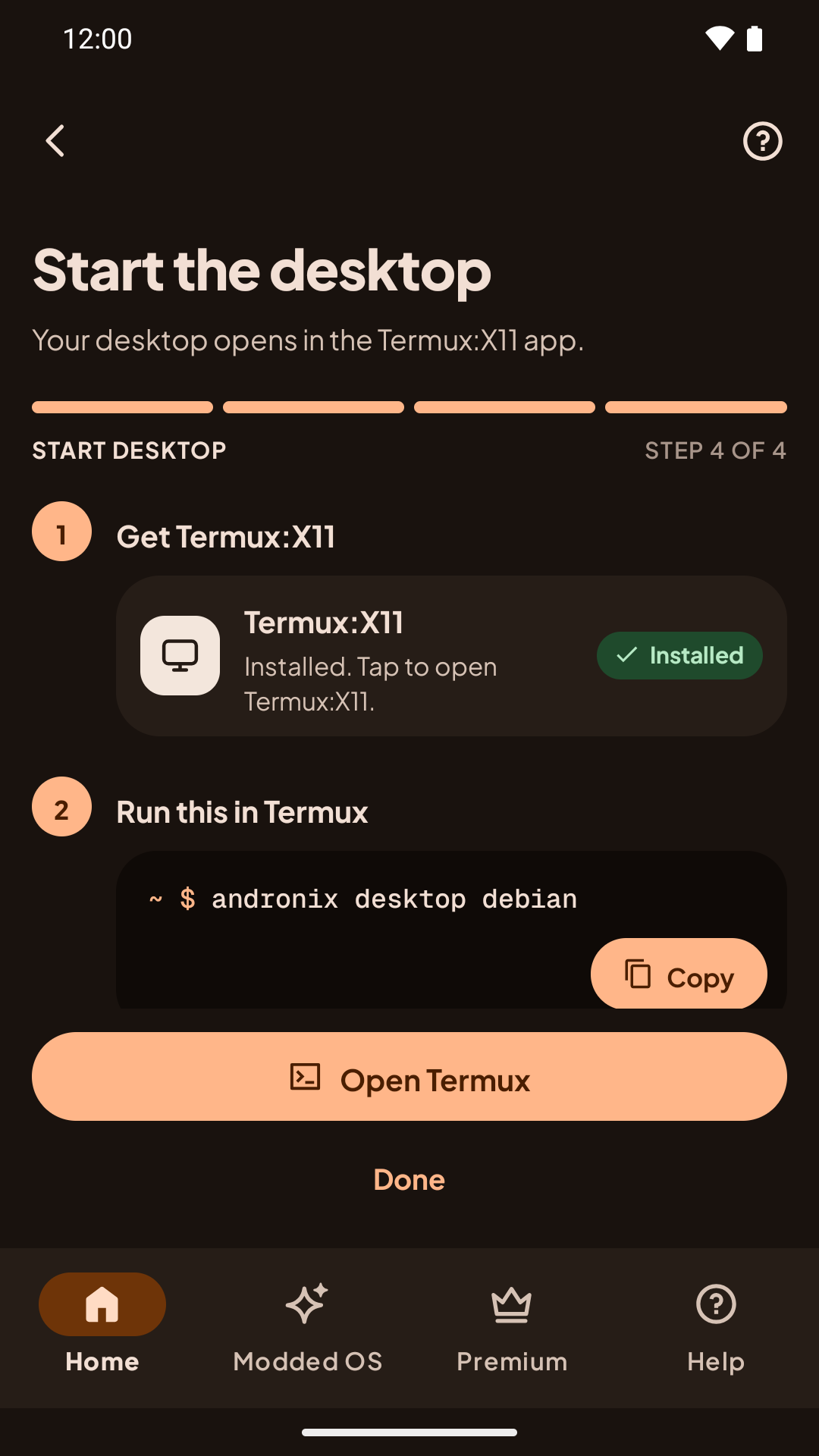 The Start the desktop step, with Termux:X11 installed and the andronix desktop command