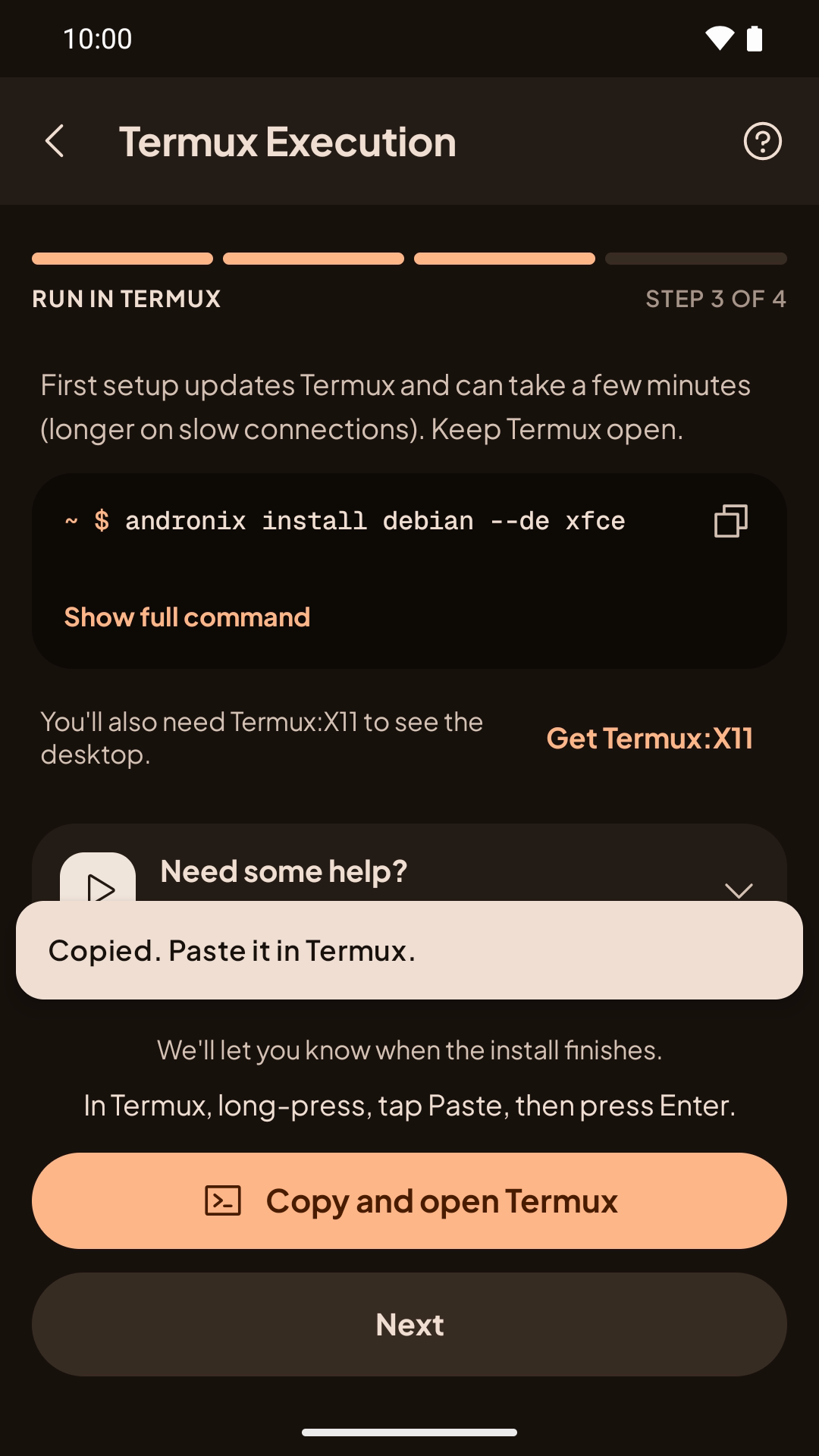 The Termux step with the message 'Copied. Paste it in Termux.'