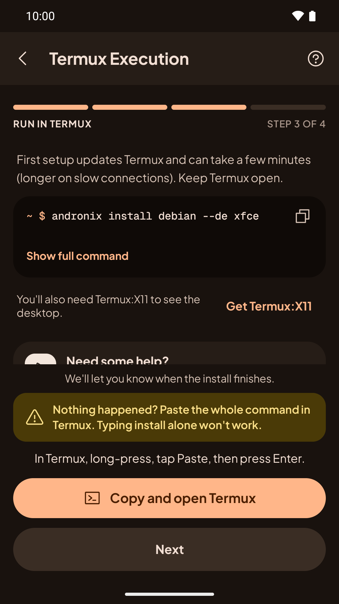The Termux step with the hint 'Nothing happened? Paste the whole command in Termux. Typing install alone won't work.'