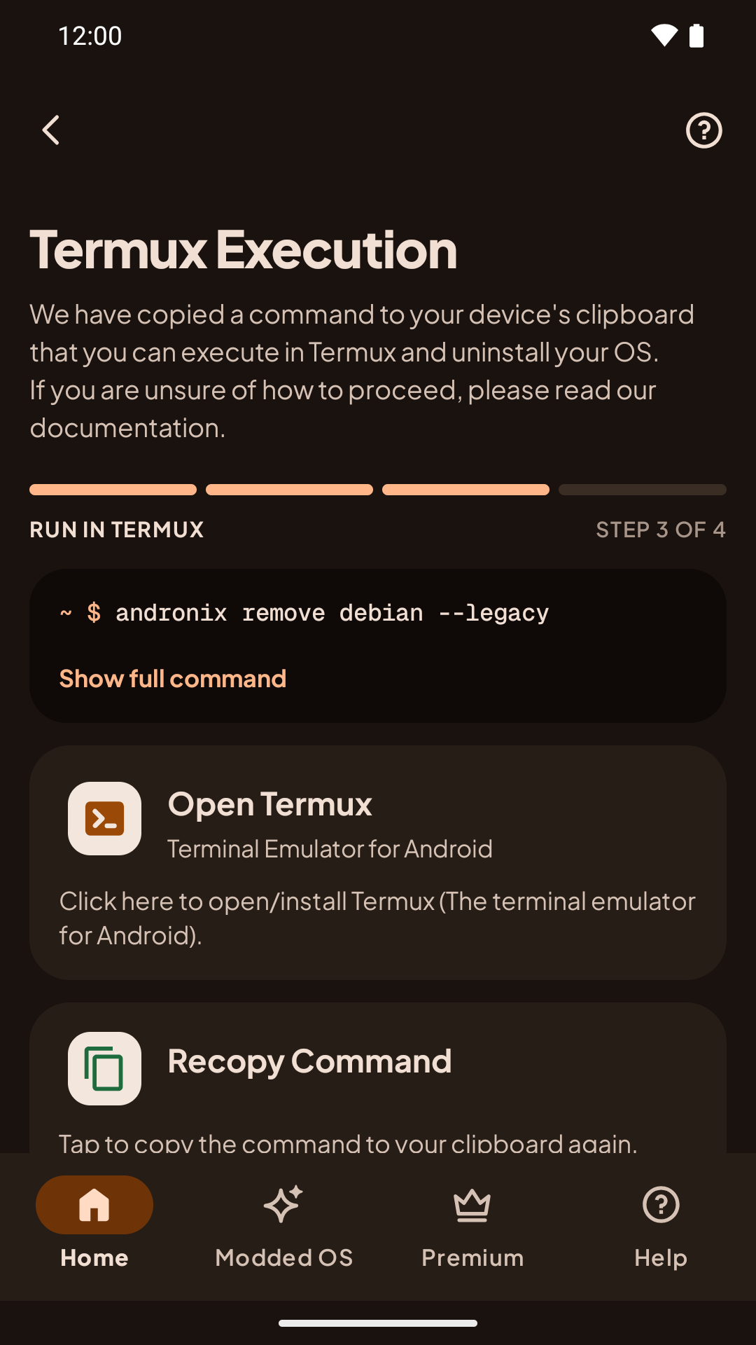 The Termux step with the uninstall command