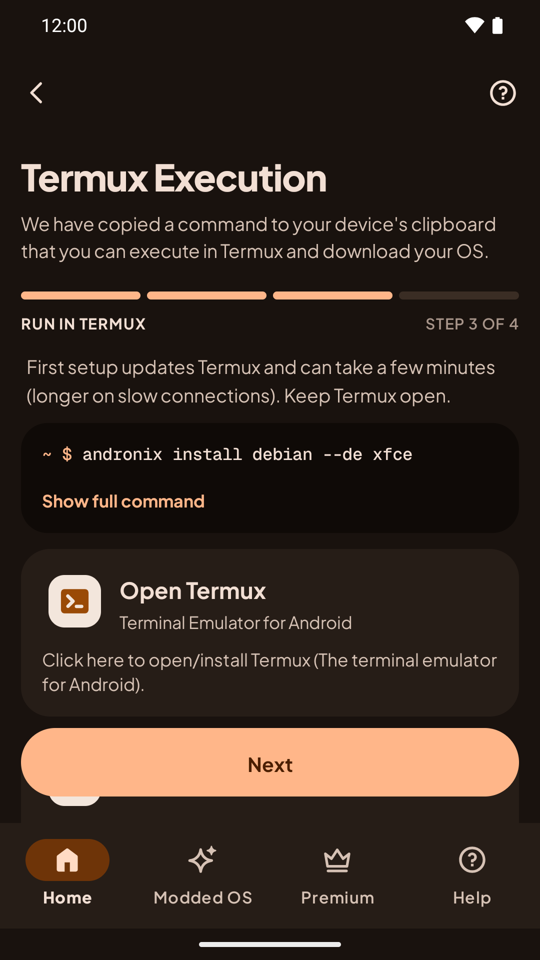 The Termux step, showing the andronix install command with Copy and Open Termux buttons