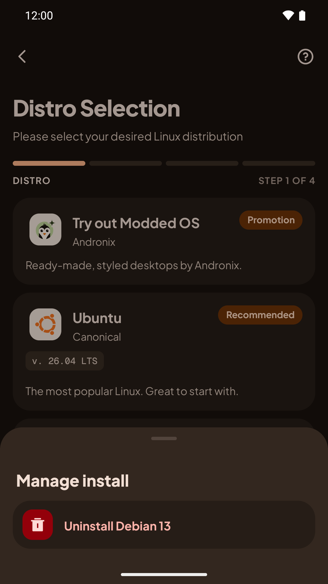 The long-press sheet for Debian with the Uninstall option