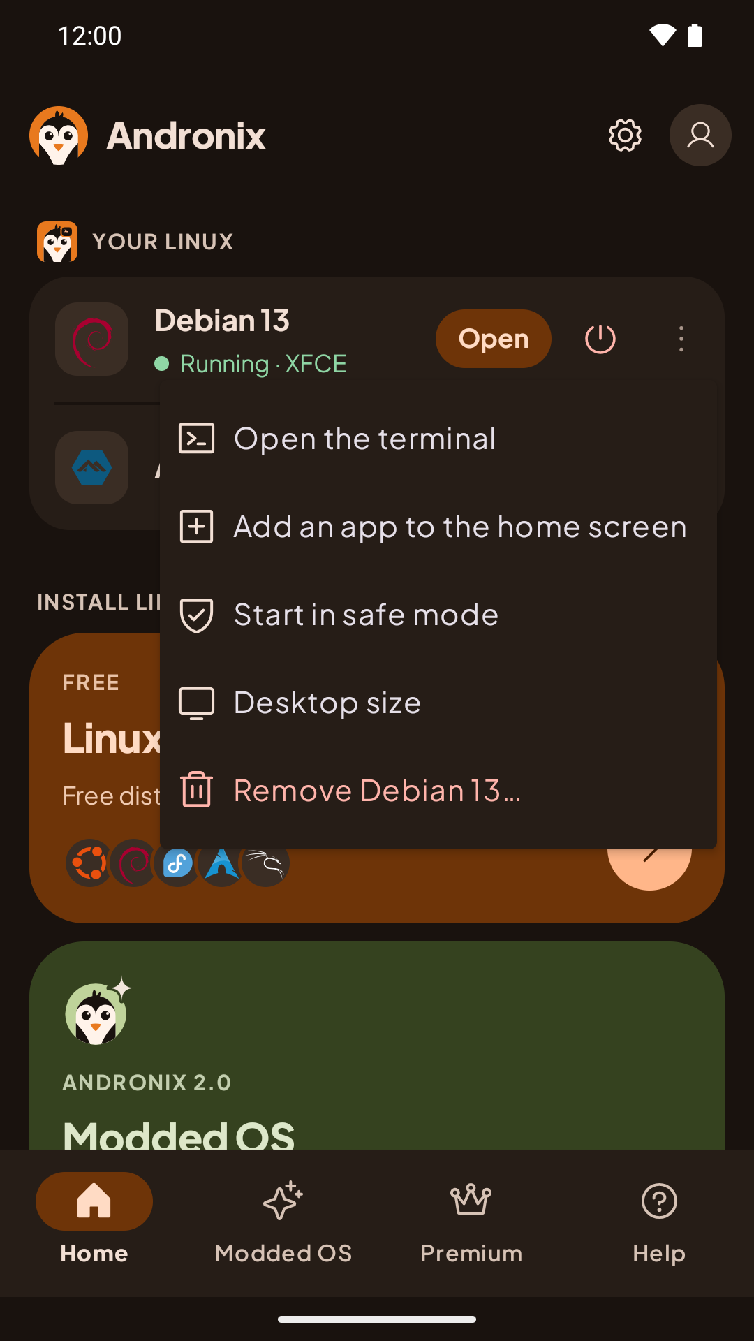 The ⋮ menu for a running Debian 13: Open the terminal, Add an app to the home screen, Start in safe mode, Desktop size, Remove Debian 13