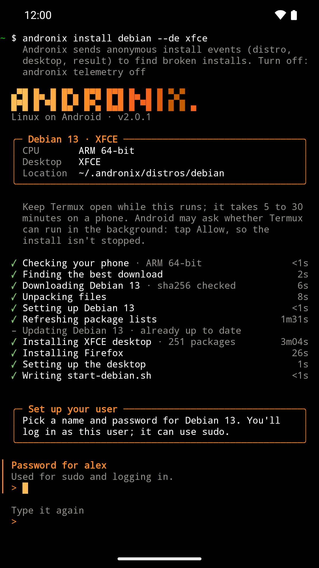 Creating your user in Termux: username, password and desktop password