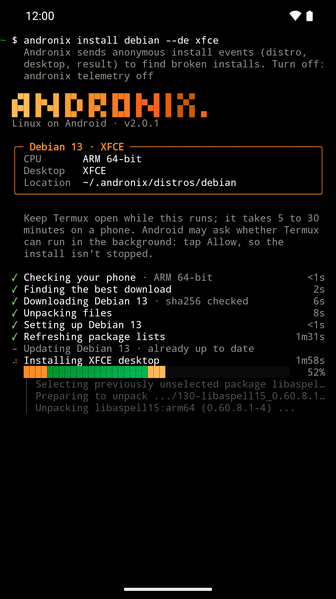 The andronix installer in Termux, ticking off its install steps