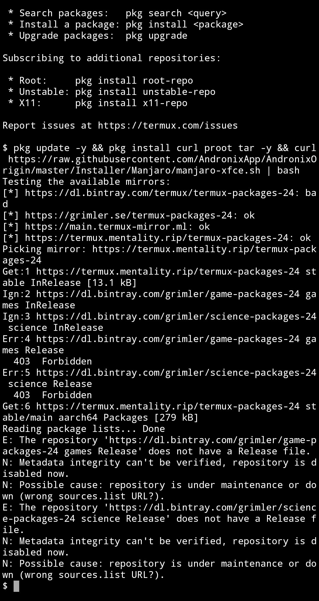 Termux pkg update failing with 403 Forbidden errors from the old Bintray package servers