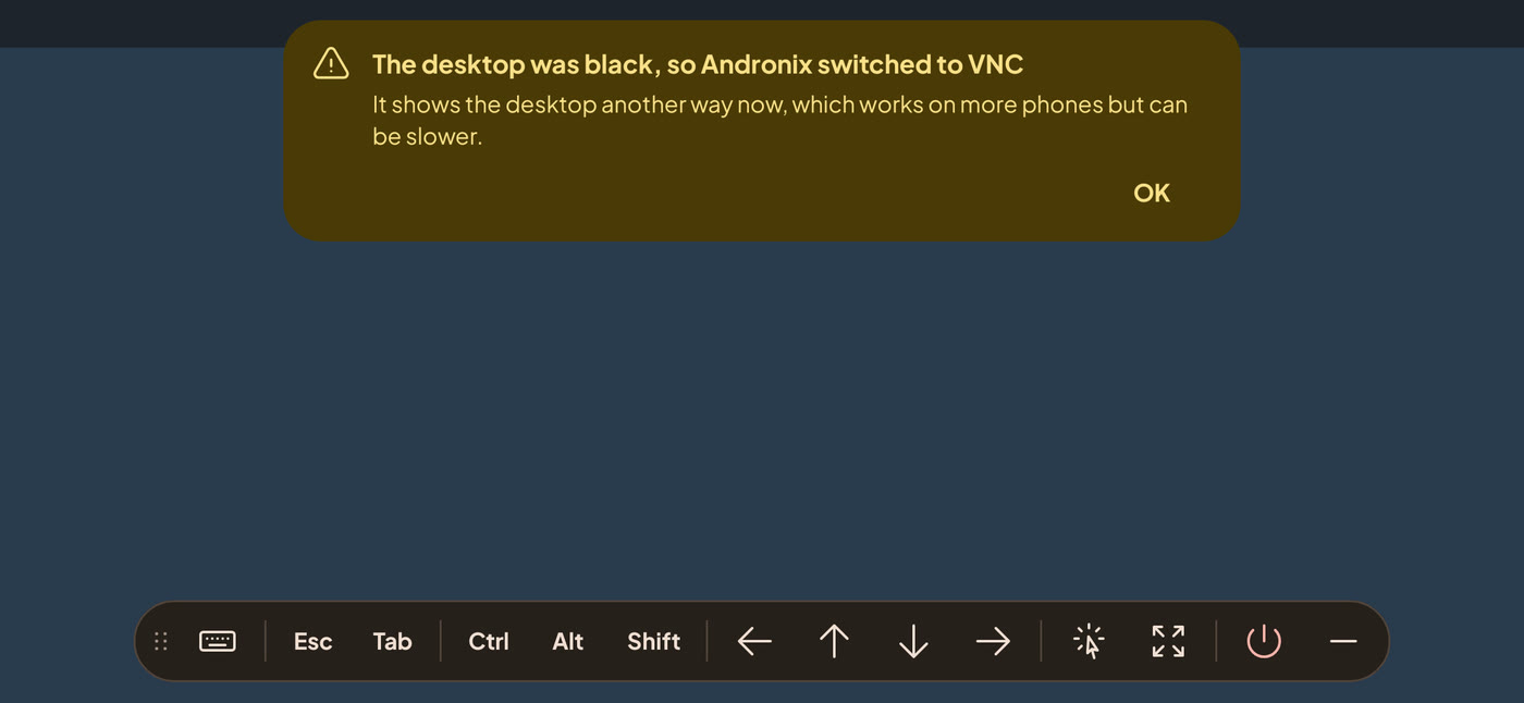 Banner: The desktop was black, so Andronix switched to VNC