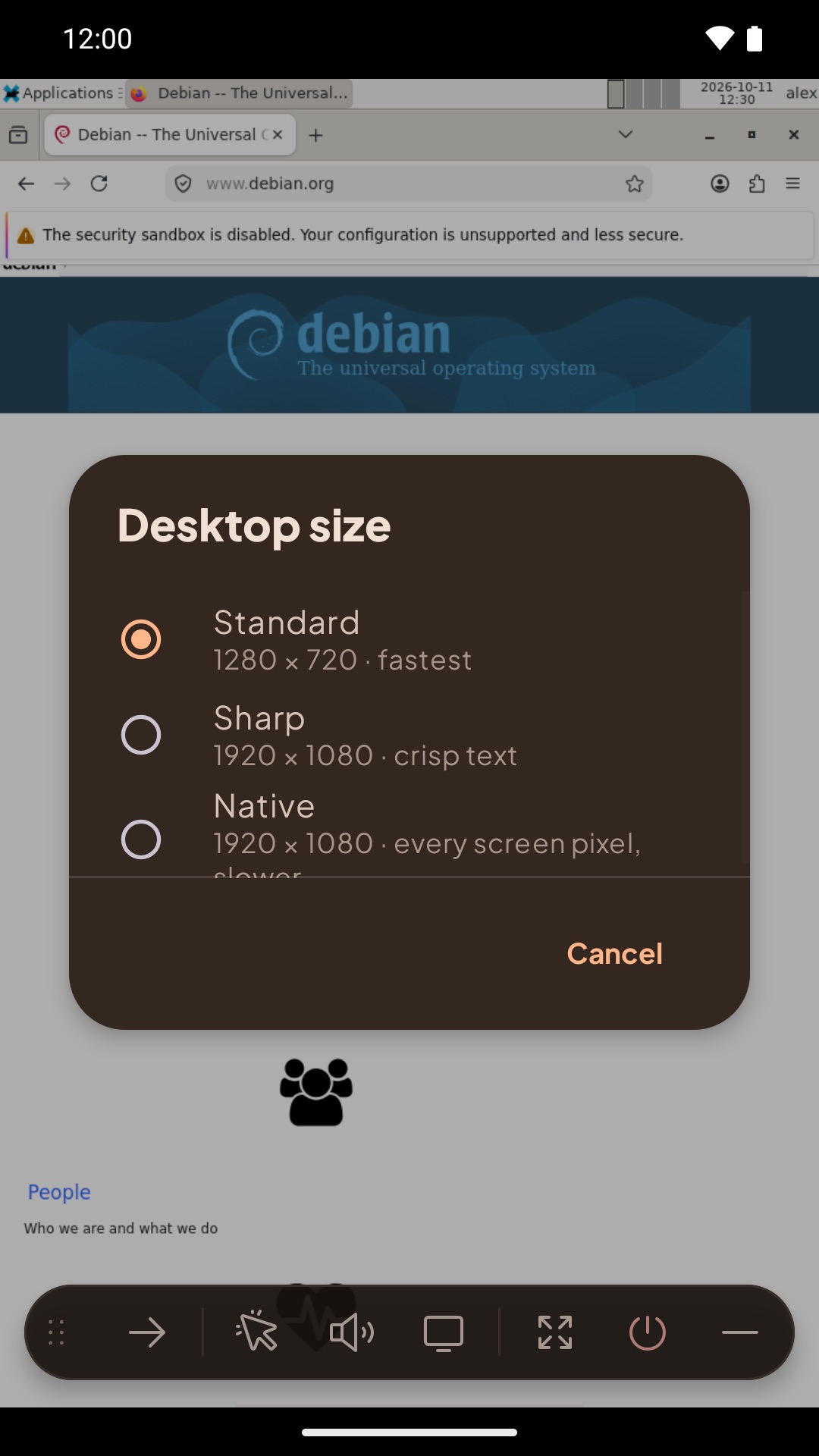 The Desktop size dialog on a tablet: Standard, Sharp (selected) and Native