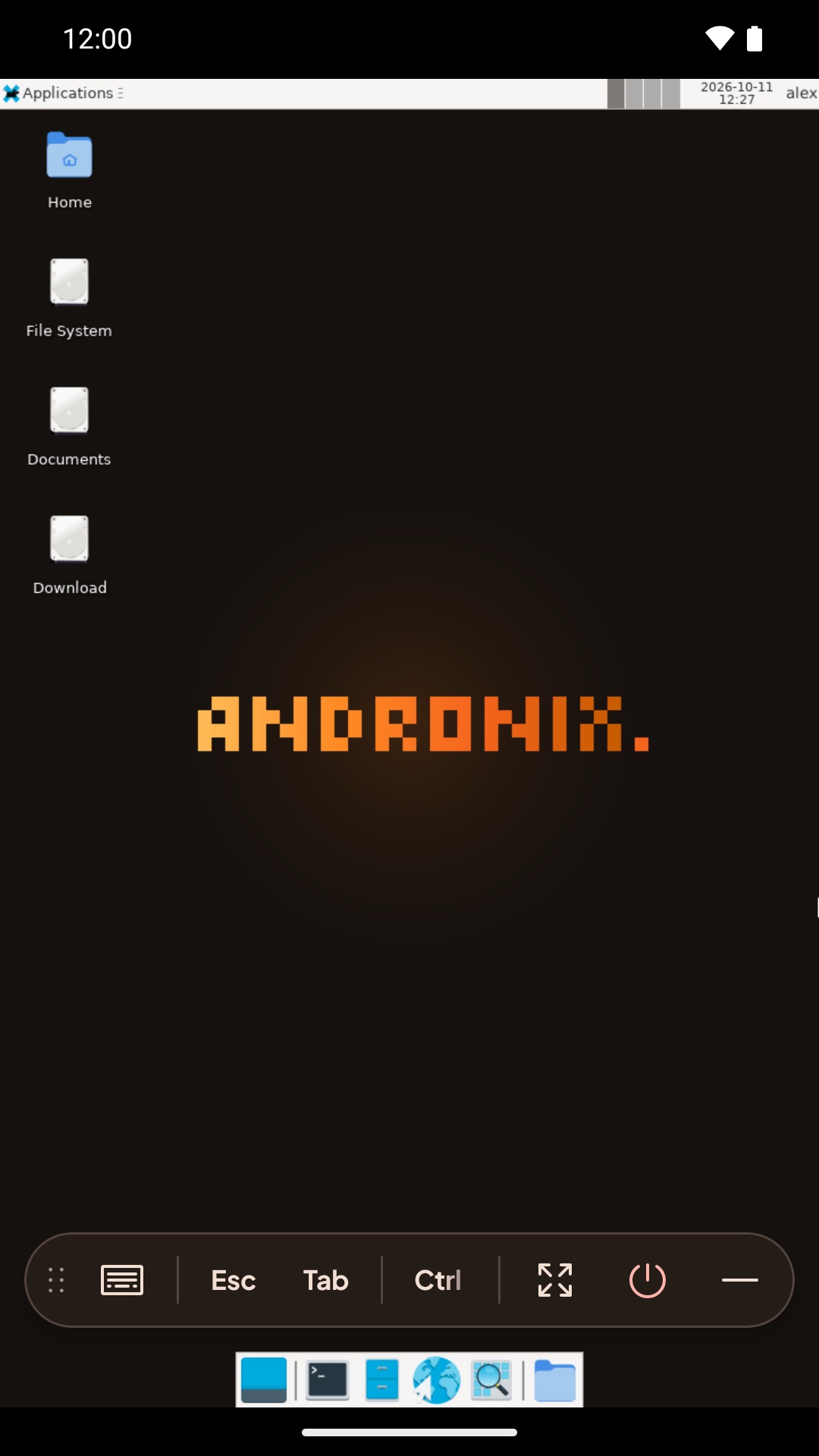 The desktop with the toolbar: grip, keyboard, Esc, Tab, Ctrl, Alt, Shift, arrows, mouse mode, sound, Stop and Hide