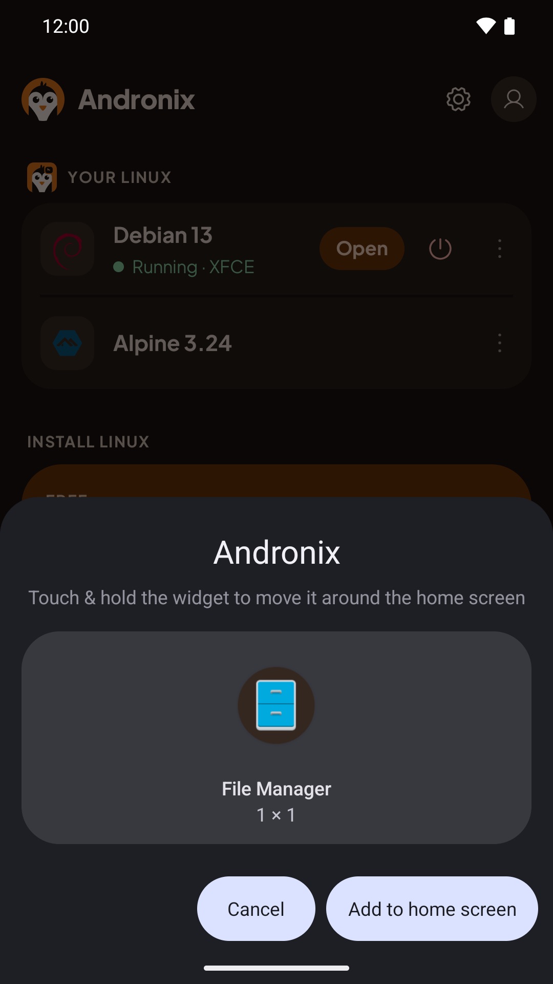 Android's Add to home screen dialog for the app