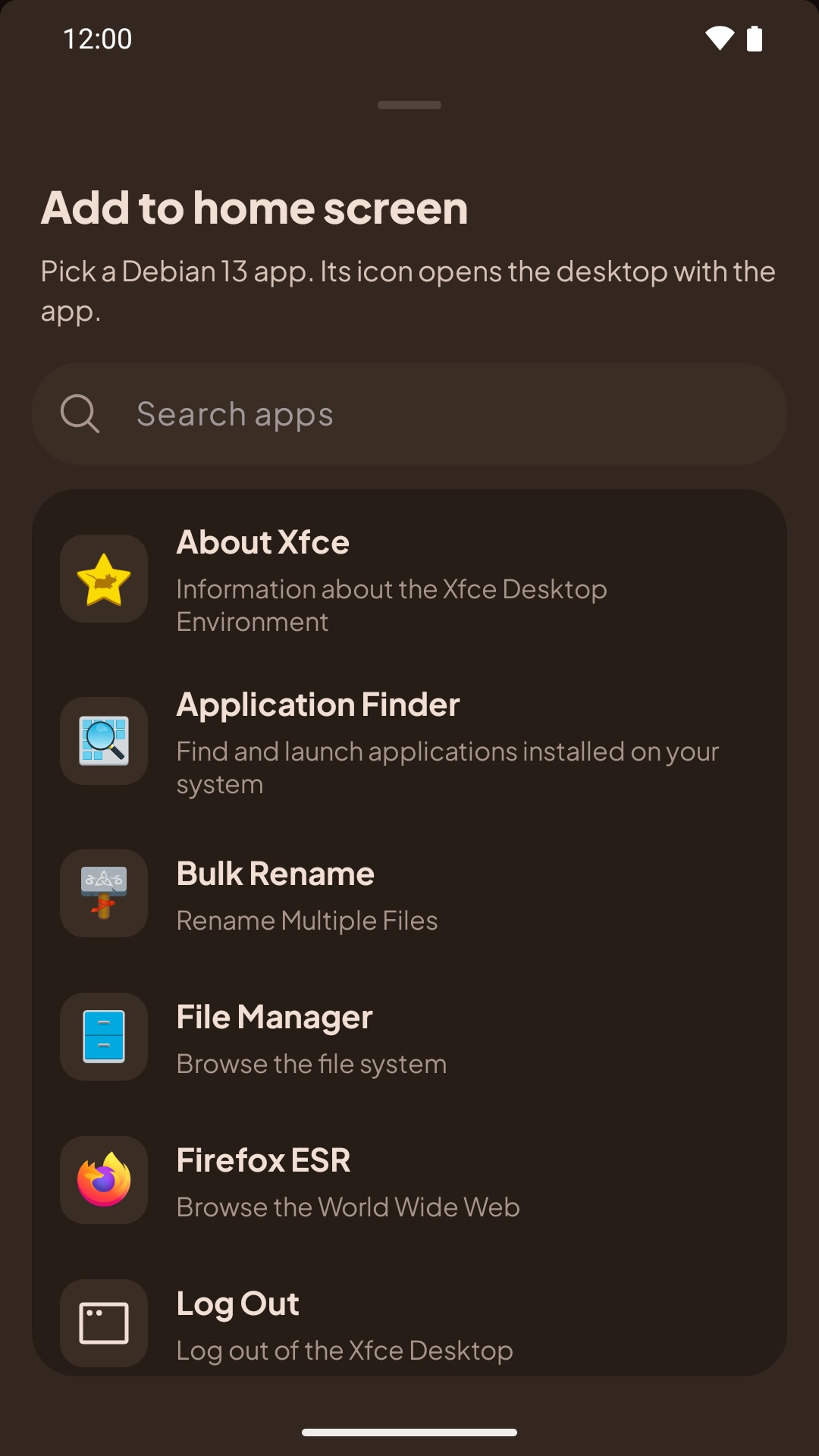 Add to home screen: search, the distro's apps with their icons, and Terminal