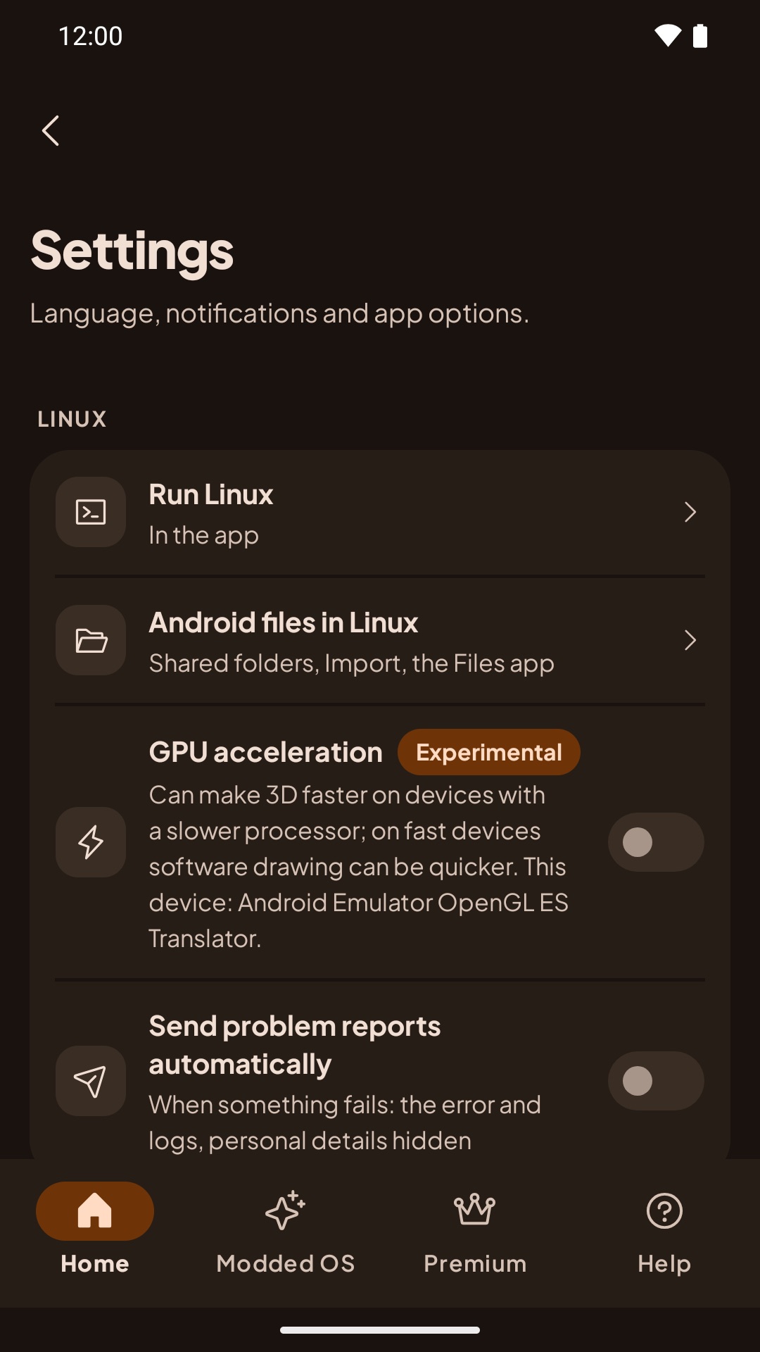 Settings, Linux: Run Linux (In the app), Android files in Linux, and GPU acceleration marked Experimental, switched off, with the caption ending 'This device: Adreno 740.'