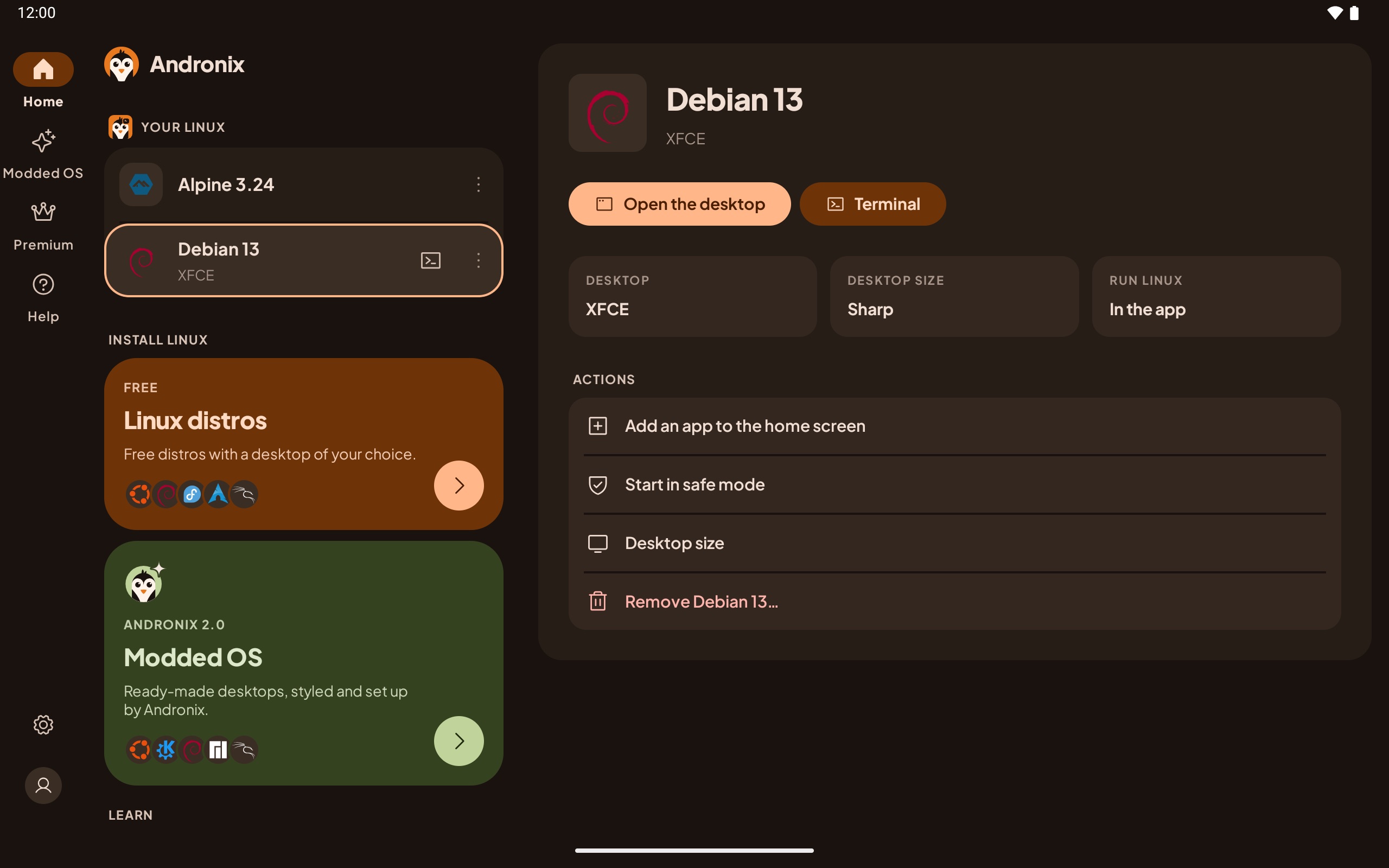 Home on a tablet: the navigation rail, Your Linux on the left and Debian 13's details on the right